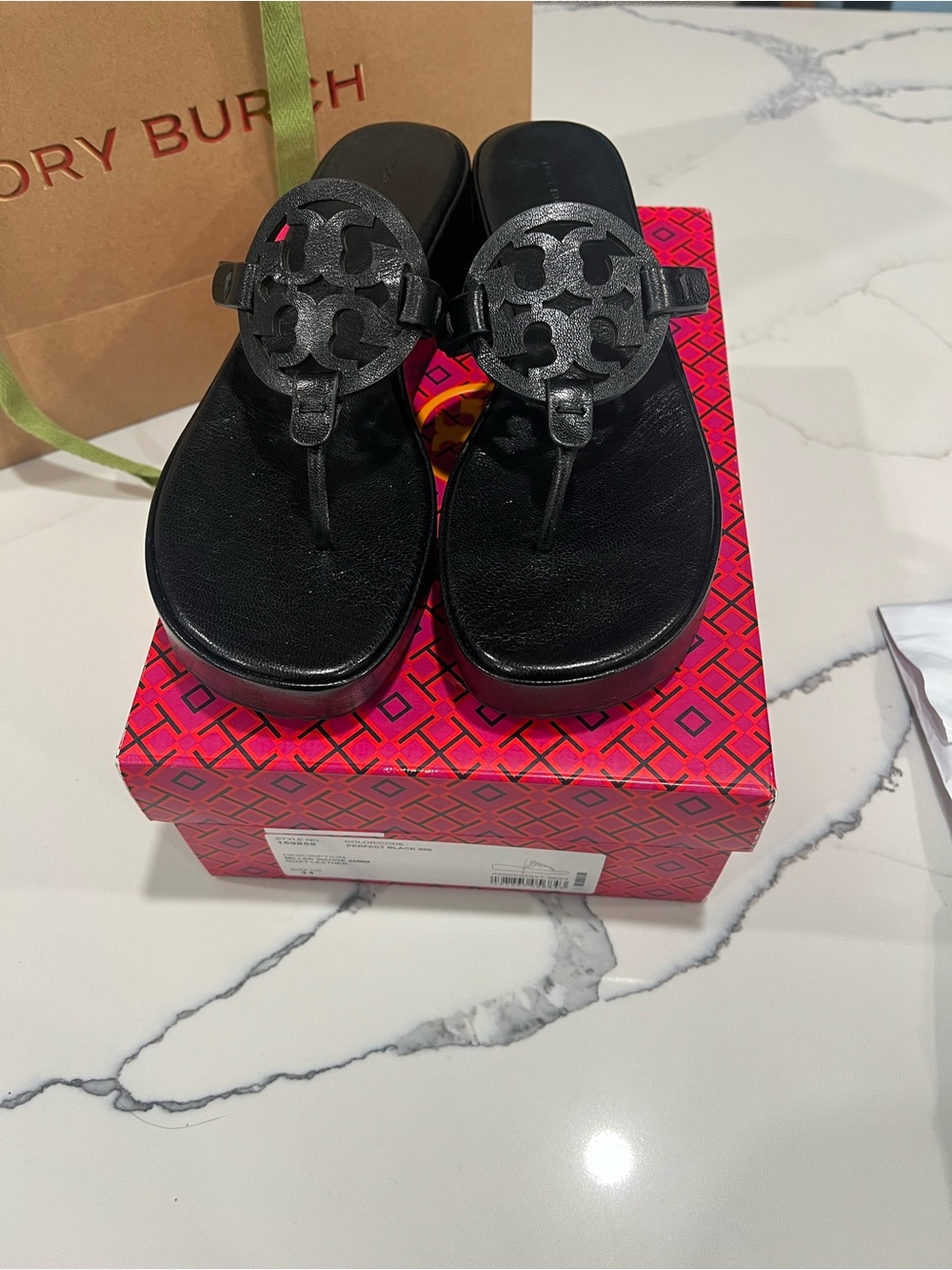 Tory Burch Black Leather Platform Thong Sandals with Cutout Logo